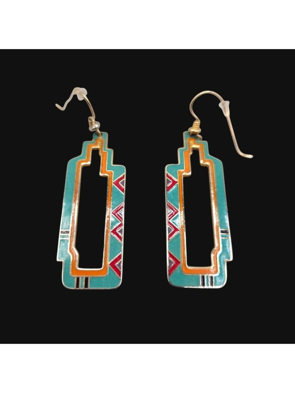 Laurel Burch Vintage 1980s Southwest Enamel Dangle Earrings Gold Tone Signed